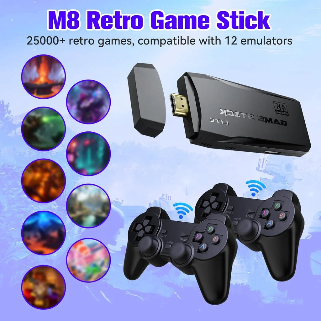 Game Stick 64G, 25,000+ Retro Games, Fitting with 12 Emulator Console, Wireless Retro Game Console Support 4K HD Output, Plug and Play Video Games for TV, 2.4G Wireless Controllers