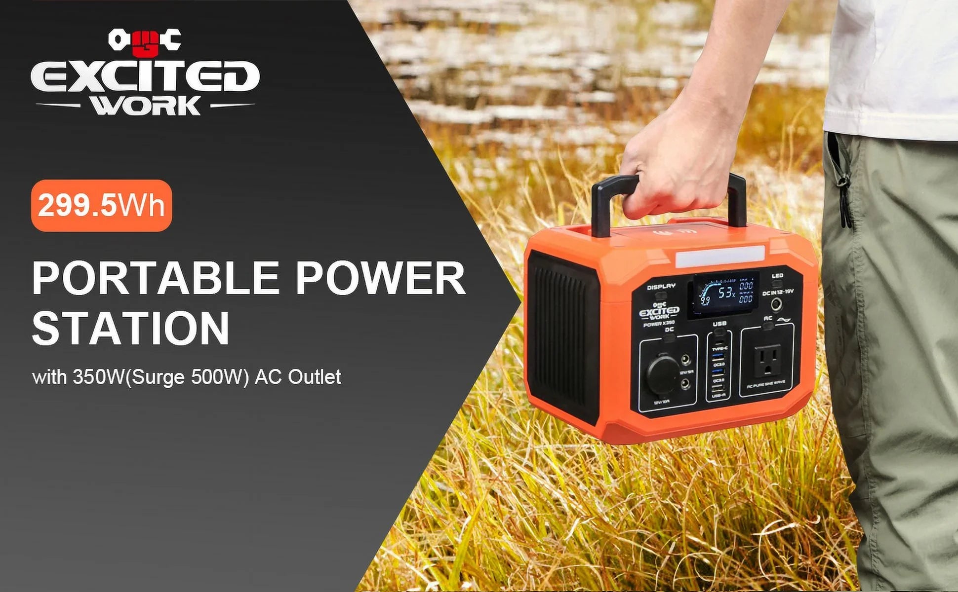 EXCITED WORK Portable Power Station 350W (500W Surge),299.5Wh/83200mAh Backup Lithium Battery with 110V AC Outlet and Wireless Charger,Solar Generator for Outdoor Camping,RV Travel and Home Emergenc