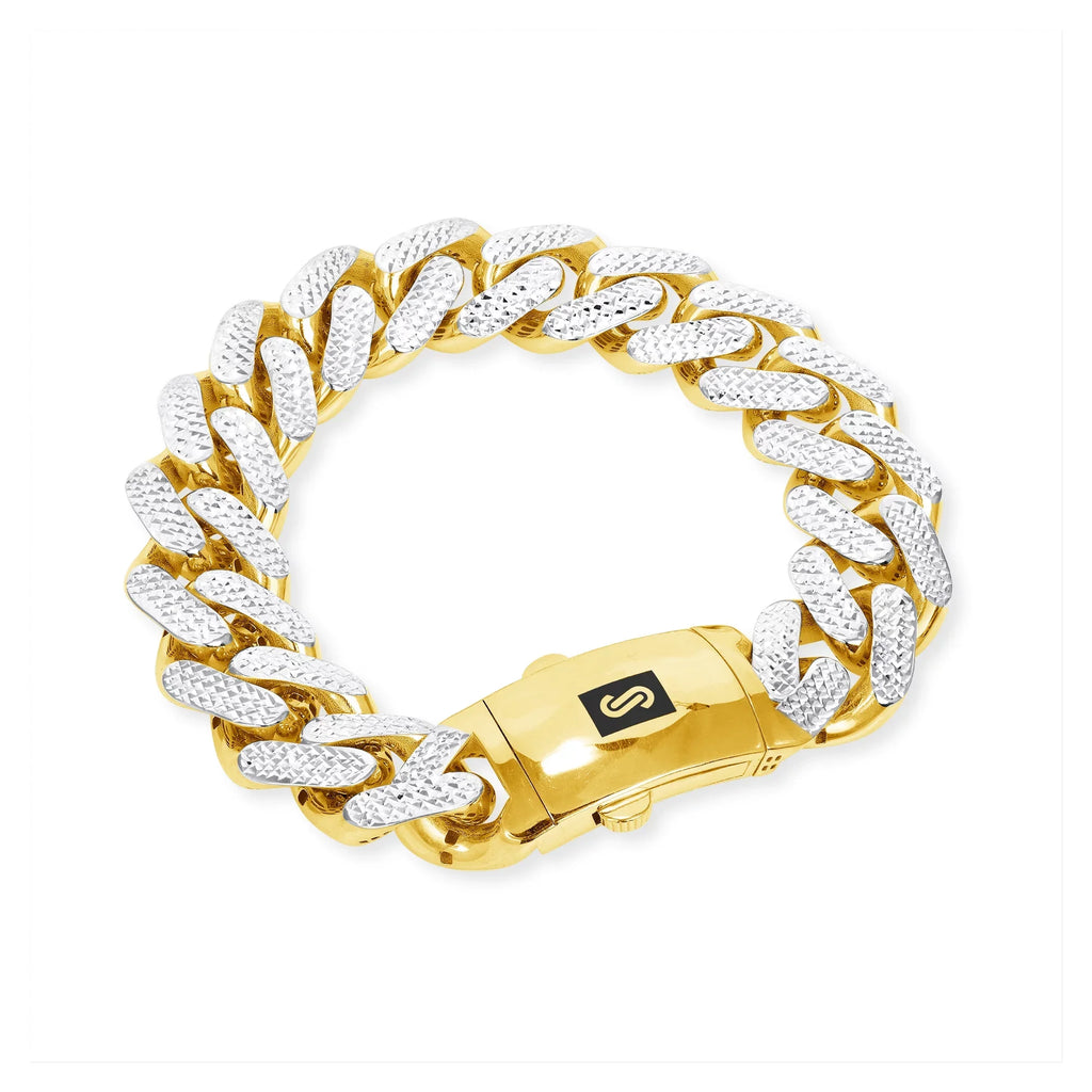 Nuragold 10k Yellow Gold 17mm Monaco Miami Cuban Diamond Cut Pave Link Chain Bracelet, Mens Jewelry Fancy Box Clasp 8" 8.5" 9"