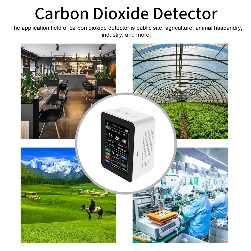 Carevas WiFi ligent Air Standard Detector PM2.5 CO2 TVOC HCHO Humidity 6 In 1 Detector Time Date Week Display Mobilephone APP Remotes Viewing 2 Sets Alarm Home Indoor Desktop Air Grade Moni