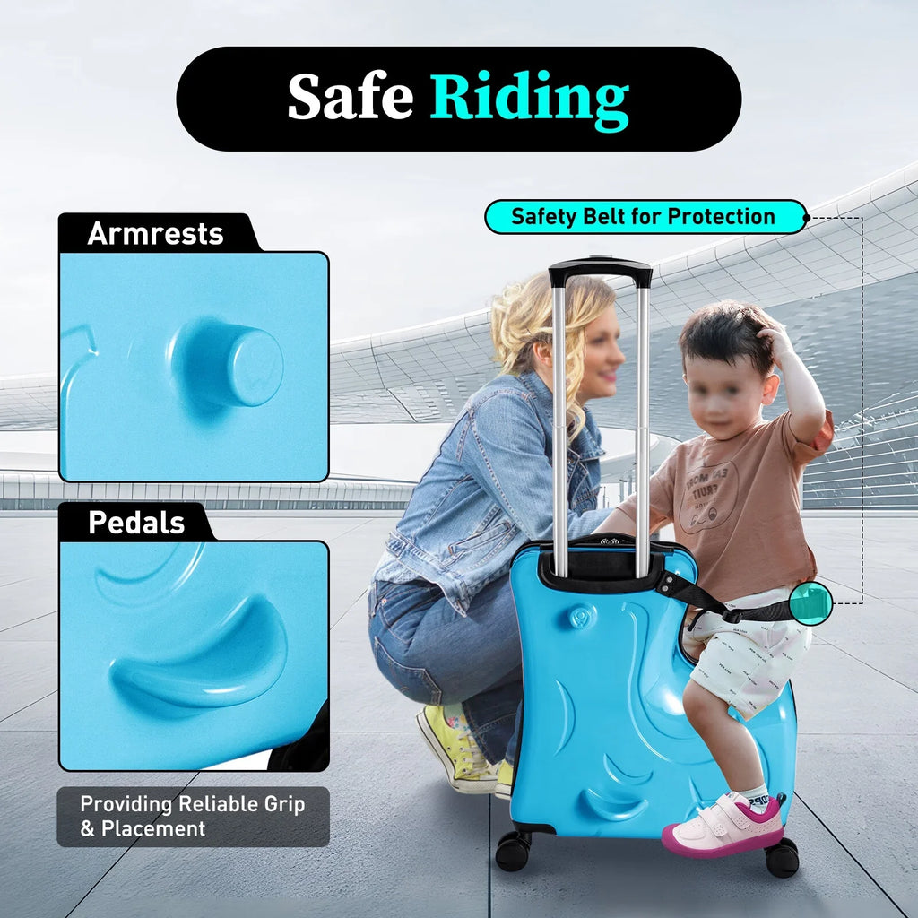 AIQIDI 20" Kids Ride On Suitcase, Portable Spinner Wheels Trolley Luggage Blue Horse Shape Kids Travel Suitcase