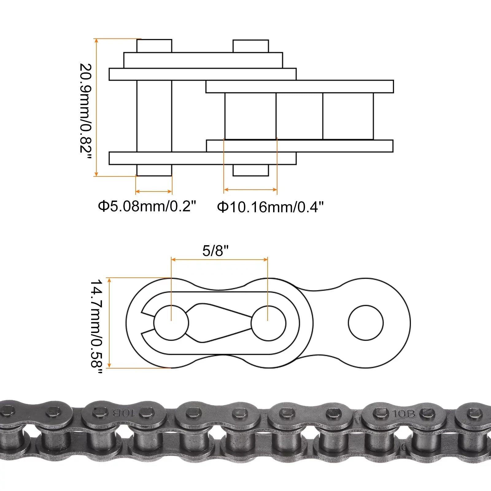 Uxcell 10B Metric Standard Roller Chain 5 Feet Carbon Steel Chains 5/8" Industrial Roller Chain -96 Links
