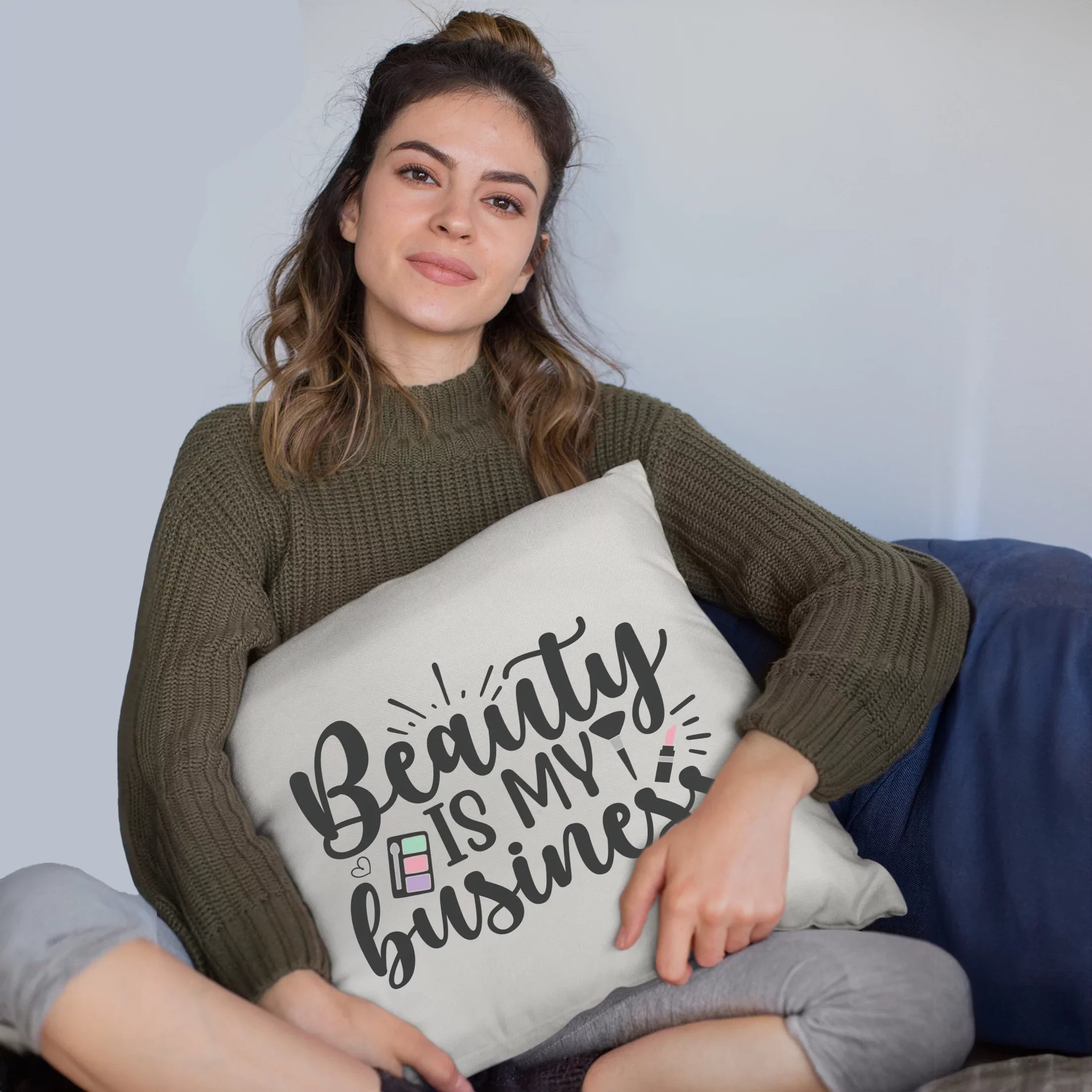 Beauty Is My Business w/ Eyeshadow Palette, Brush & Pink Lipstick Design - Beauty Themed Merch for Makeup Artist or Cosmetologist, Gift for Makeup Lovers, Pillow Shield White 20X20 IN