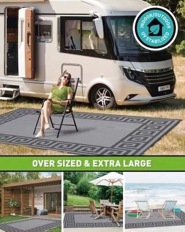 Patio Mats 9' x 12' Gray Outdoor Rug (Reversible with 2 designs)
