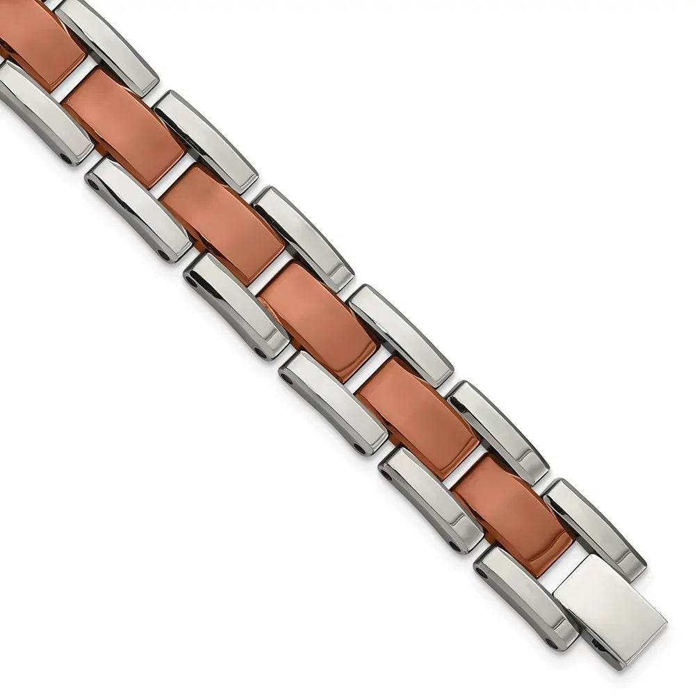 The Black Bow Men's Tungsten Polished & Brown Plated Panther Link Bracelet, 8.25 In