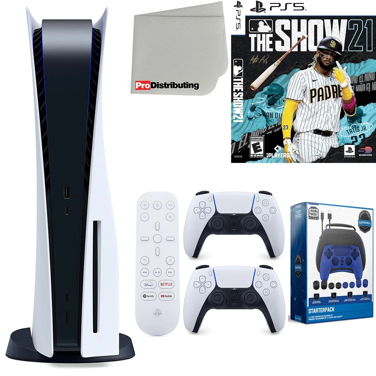 Sony Playstation 5 Disc Version (Sony PS5 Disc) with White Extra Controller, Media Remote, MLB The Show 21, Accessory Starter Kit and Microfiber Cleaning Cloth Bundle