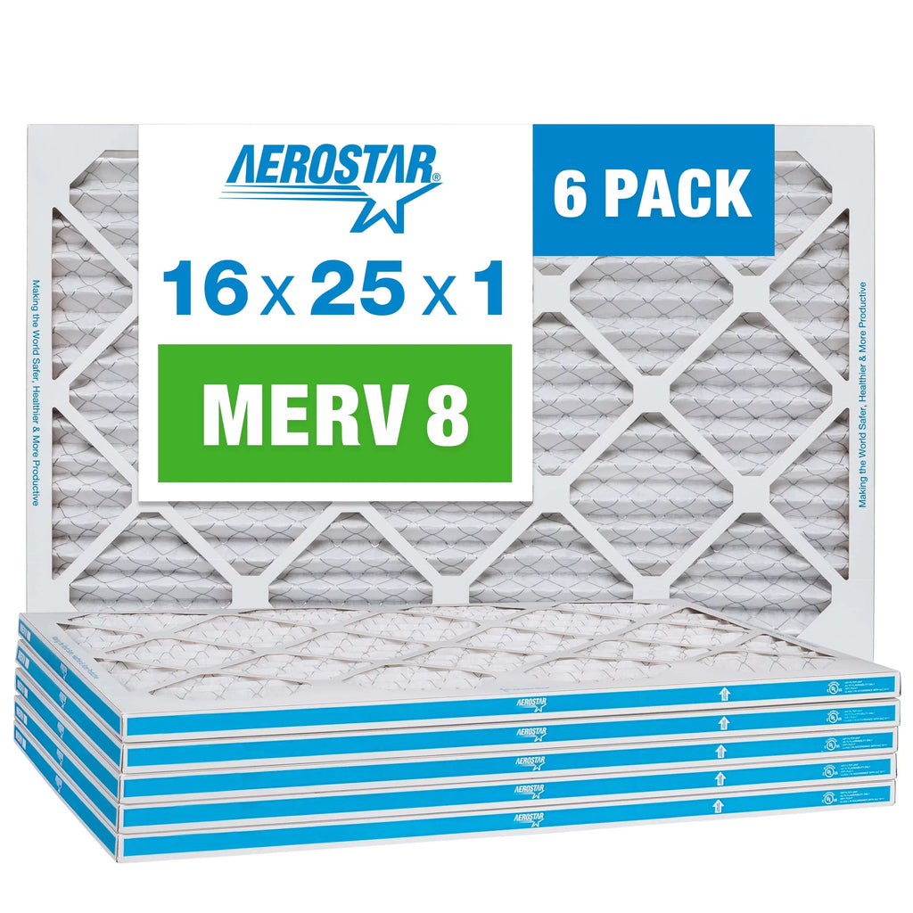 Aerostar 16x25x1 MERV 8 Pleated Air Filter, AC Furnace Air Filter, 6 Pack