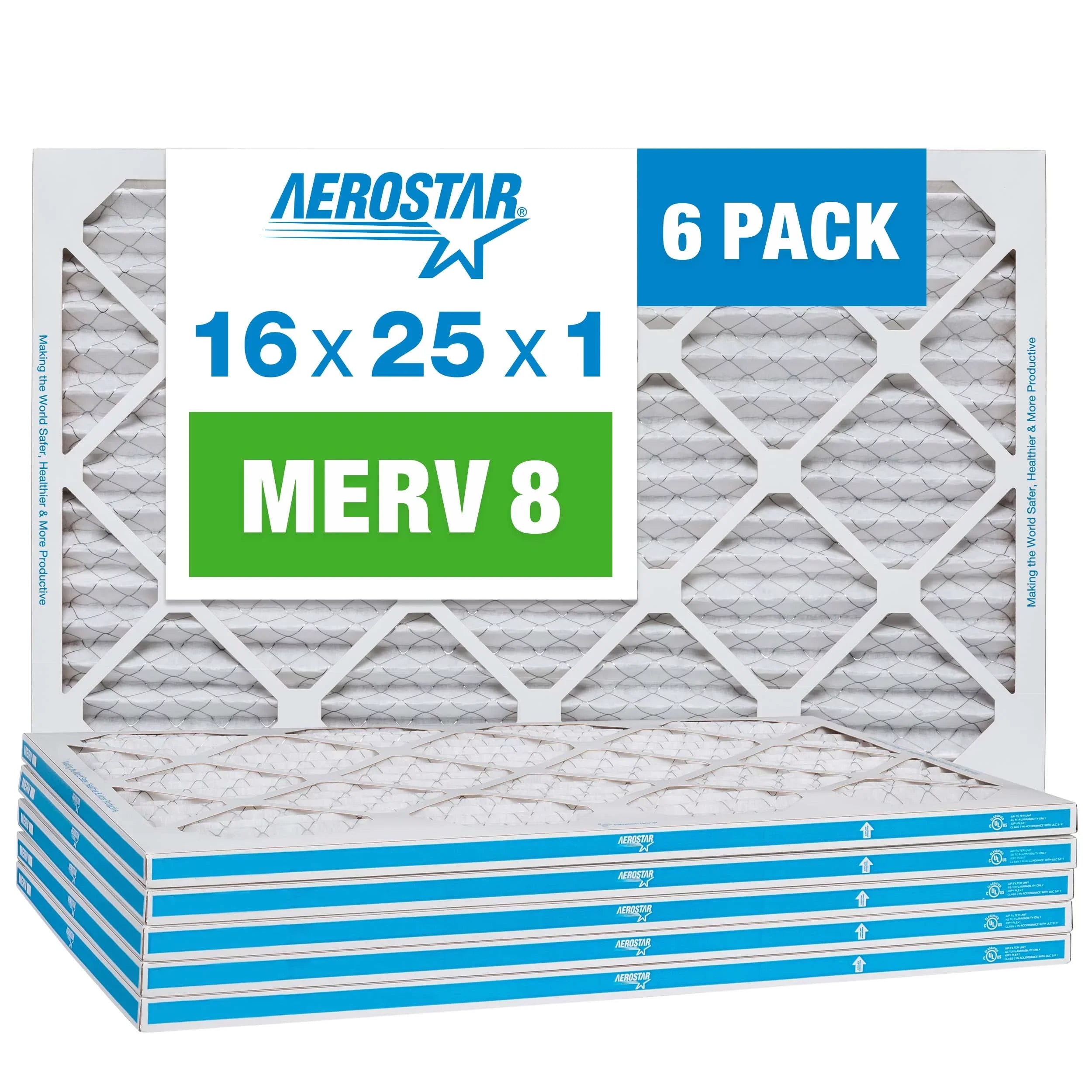 Aerostar 16x25x1 MERV 8 Pleated Air Filter, AC Furnace Air Filter, 6 Pack