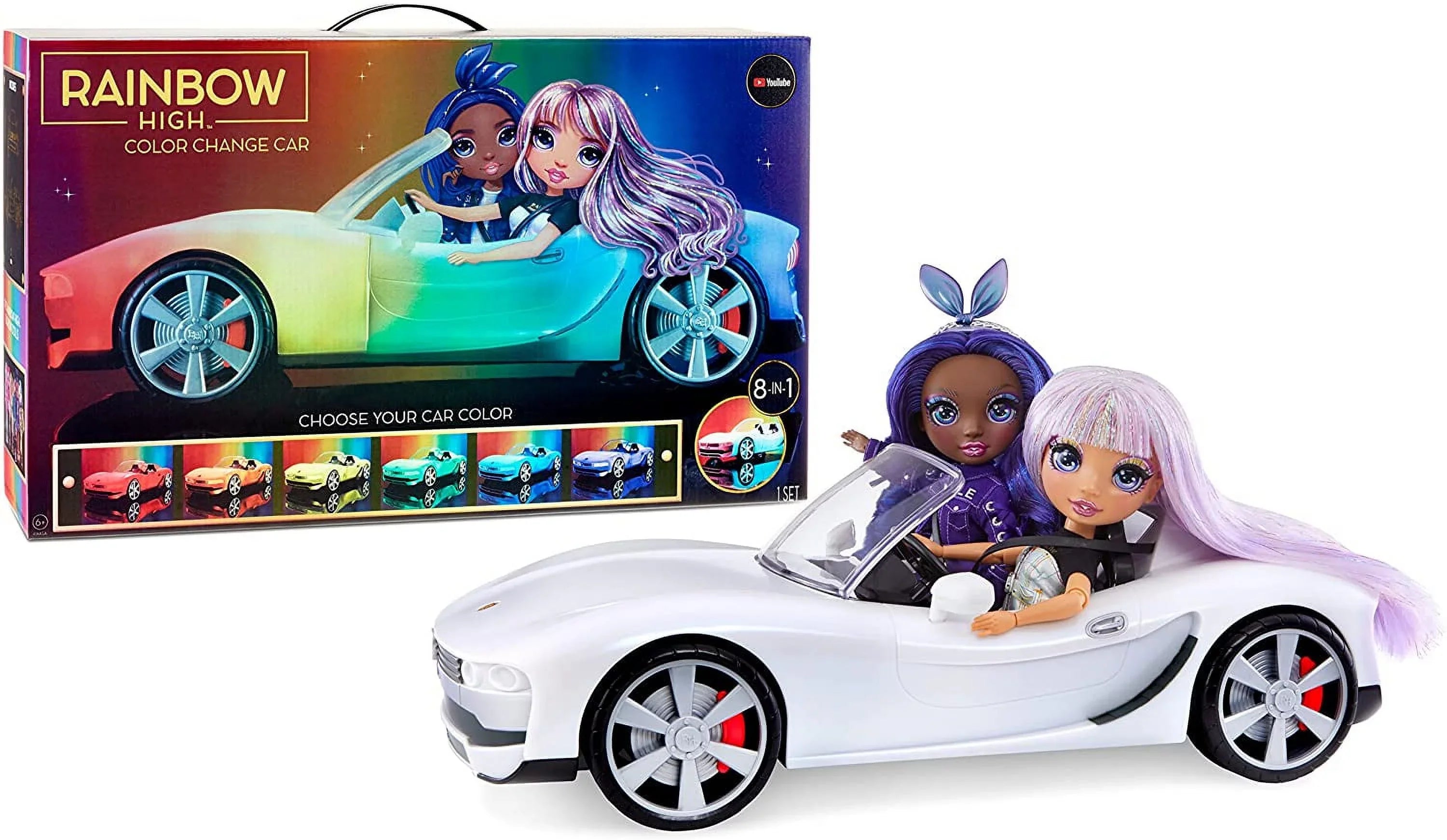 Rainbow High Color Change Car - Convertible Vehicle, 8-In-1 Light-Up, Multicolor, Fits 2 Fashion Dolls- Excellent Toy Gift for Girls Ages 6-12+