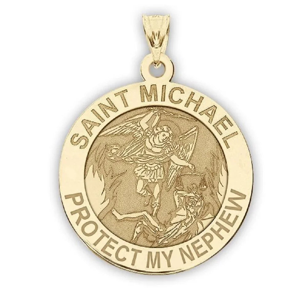 Picturesongold.Com Saint Michael Protect My Nephew Religious Medal Female Adult 3/4" 14K Yellow Gold