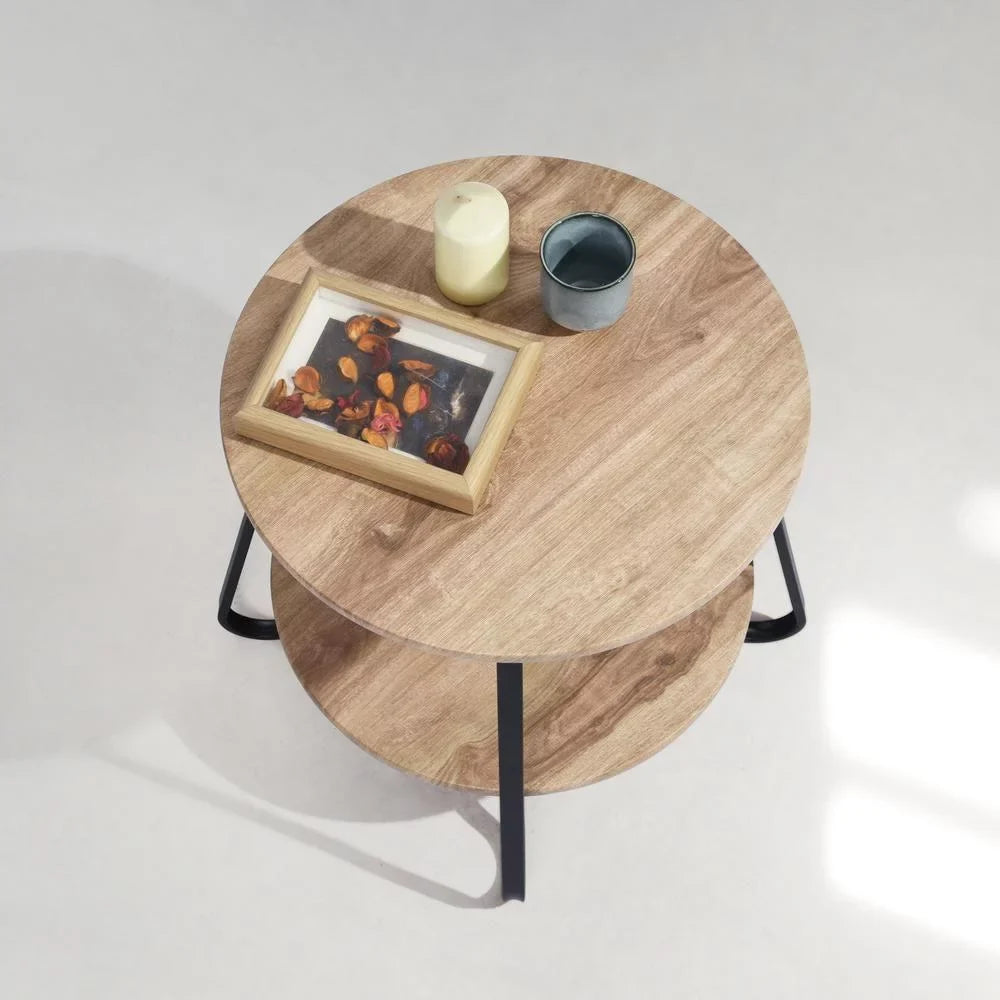 HomeRoots 483708 18 in. Manufactured Wood & Steel Round End Table, Black & Oak