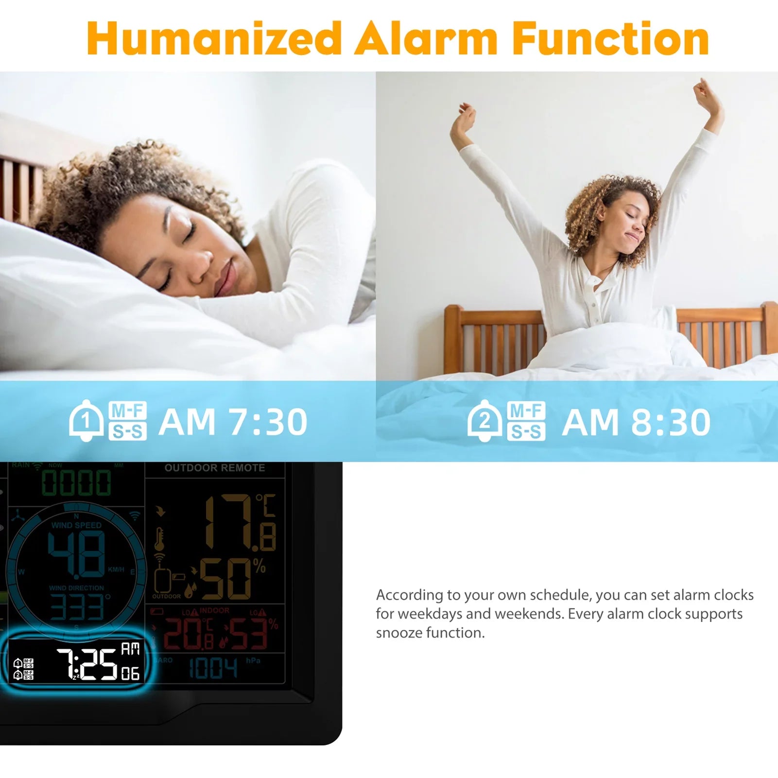 Suzicca Wireless Climate Station Indoor Hygrometer Thermometer Temperature Backlit Humidity Display Digital Climate Forecast Station Clock Alarm Clock with Sensor USB Port
