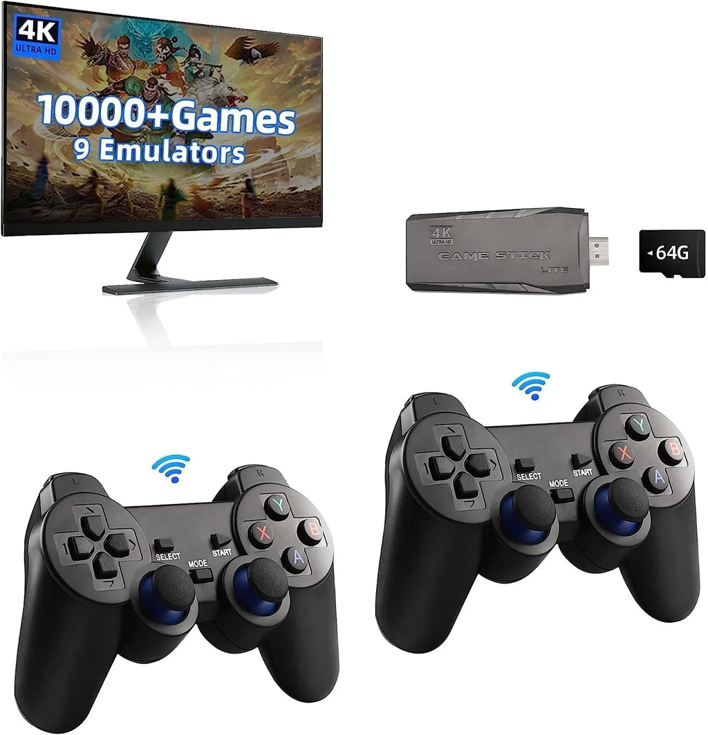 Retro Game Stick,Wireless Retro Game Console Built in 10000+ Games, 9 Emulators, Plug and Play Video Game Stick 4K HD Output with 2.4GHz Wireless Controllers (64G)