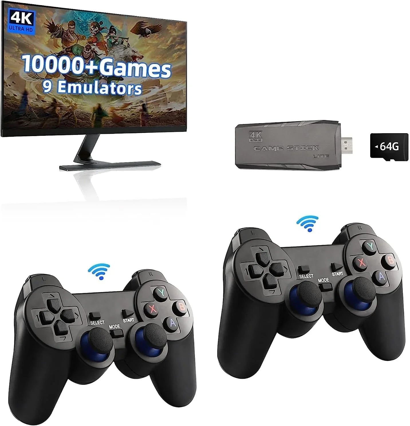 Retro Game Stick,Wireless Retro Game Console Built in 10000+ Games, 9 Emulators, Plug and Play Video Game Stick 4K HD Output with 2.4GHz Wireless Controllers (64G)