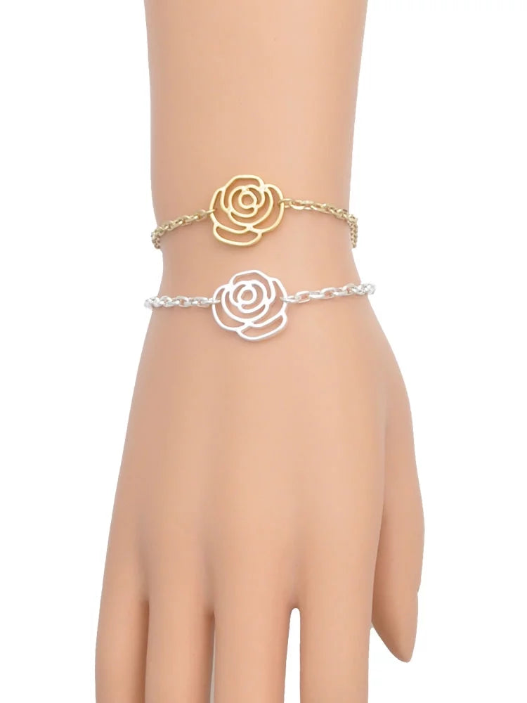 Delight Jewelry Silvertone Two Sided Green Enamel Lucky Four Leaf Clover Gold-tone Flower Link Chain Bracelet, 6.75"+2" Extender