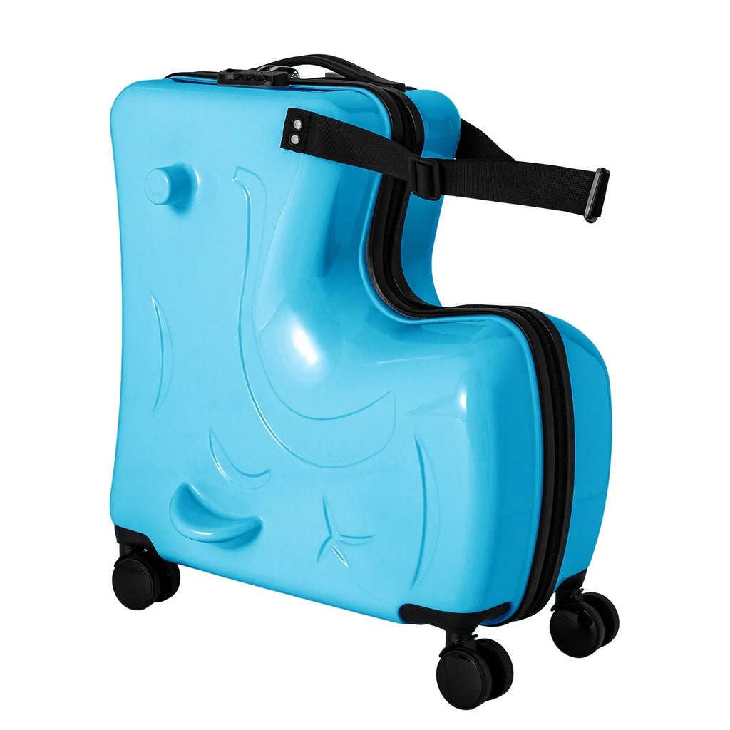 AIQIDI 20" Kids Ride On Suitcase, Portable Spinner Wheels Trolley Luggage Blue Horse Shape Kids Travel Suitcase