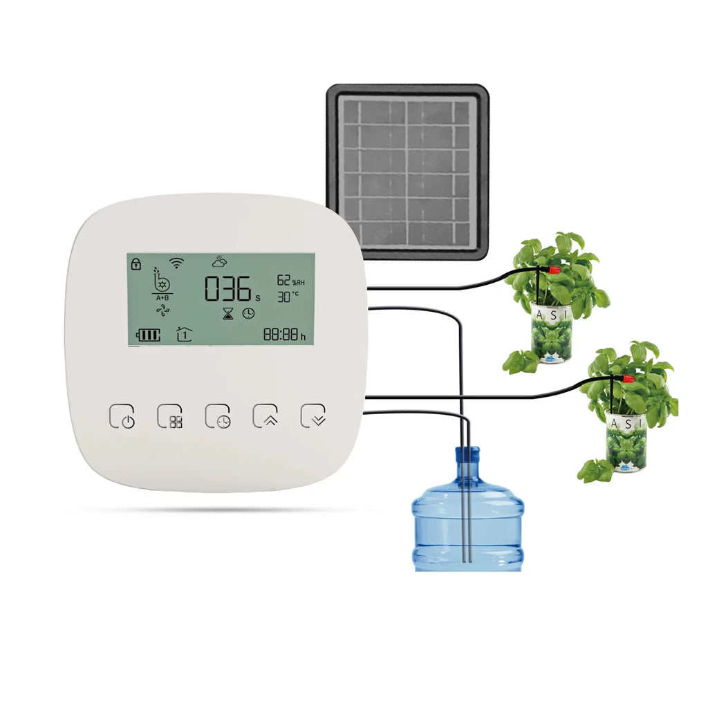 Arealer Automatic Watering System Smart Watering Device Dual Pump System WiFi/ Voice/ Manual Control Programmable Watering Time Built-in Battery Solar Panel/ USB Charging Suitable with Home for