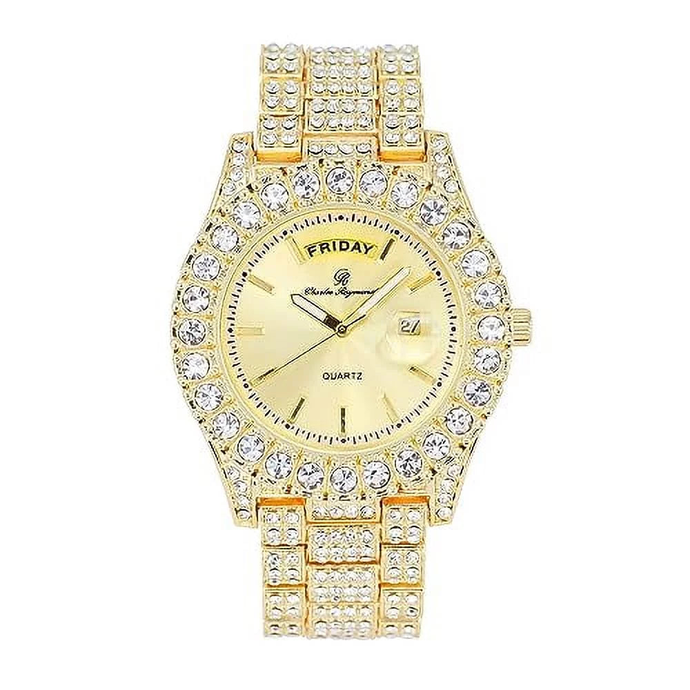 Charles Raymond Big Rocks Fully Iced Out Diamond Mens Watch w/Easy Read Date &Day and Colorful Dials- Designer Hip Hop Blinged Out Timepiece - ST10535 (ST10535-LN Gold)