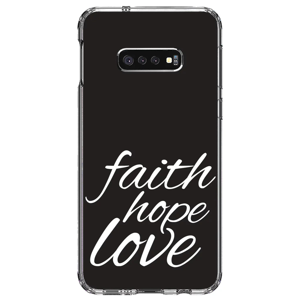 DistinctInk Clear Shockproof Hybrid Case for Samsung Galaxy S10e (5.8" Screen) - TPU Bumper, Acrylic Back, Tempered Glass Screen Protector - Faith / Hope / Love - Black & White - Christ