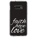 DistinctInk Clear Shockproof Hybrid Case for Samsung Galaxy S10e (5.8" Screen) - TPU Bumper, Acrylic Back, Tempered Glass Screen Protector - Faith / Hope / Love - Black & White - Christ