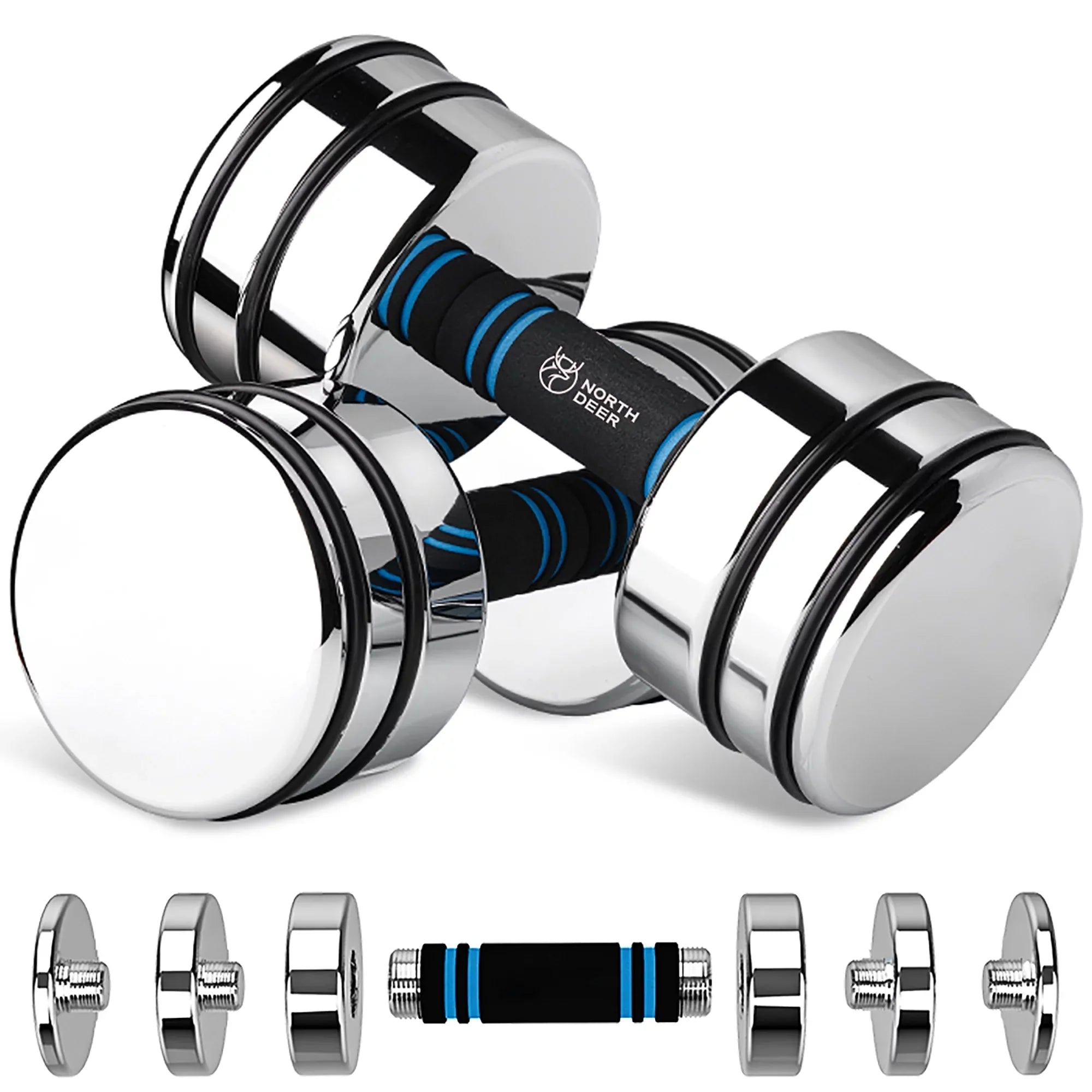 Northdeer Adjustable Dumbbells Pair Steel Weight Set 5lb 10lb 15lb 20lb 30lb 50lb Weights for Lifting Gym Fitness with Foam Handle, Silver