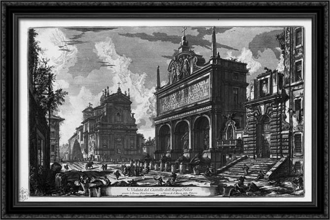 View in perspective of the Top-notch Fountain of Trevi said Virgin, architecture Nicola Salvi 40x26 Large Black Ornate Wood Framed Canvas Art by Giovanni Battista Piranesi