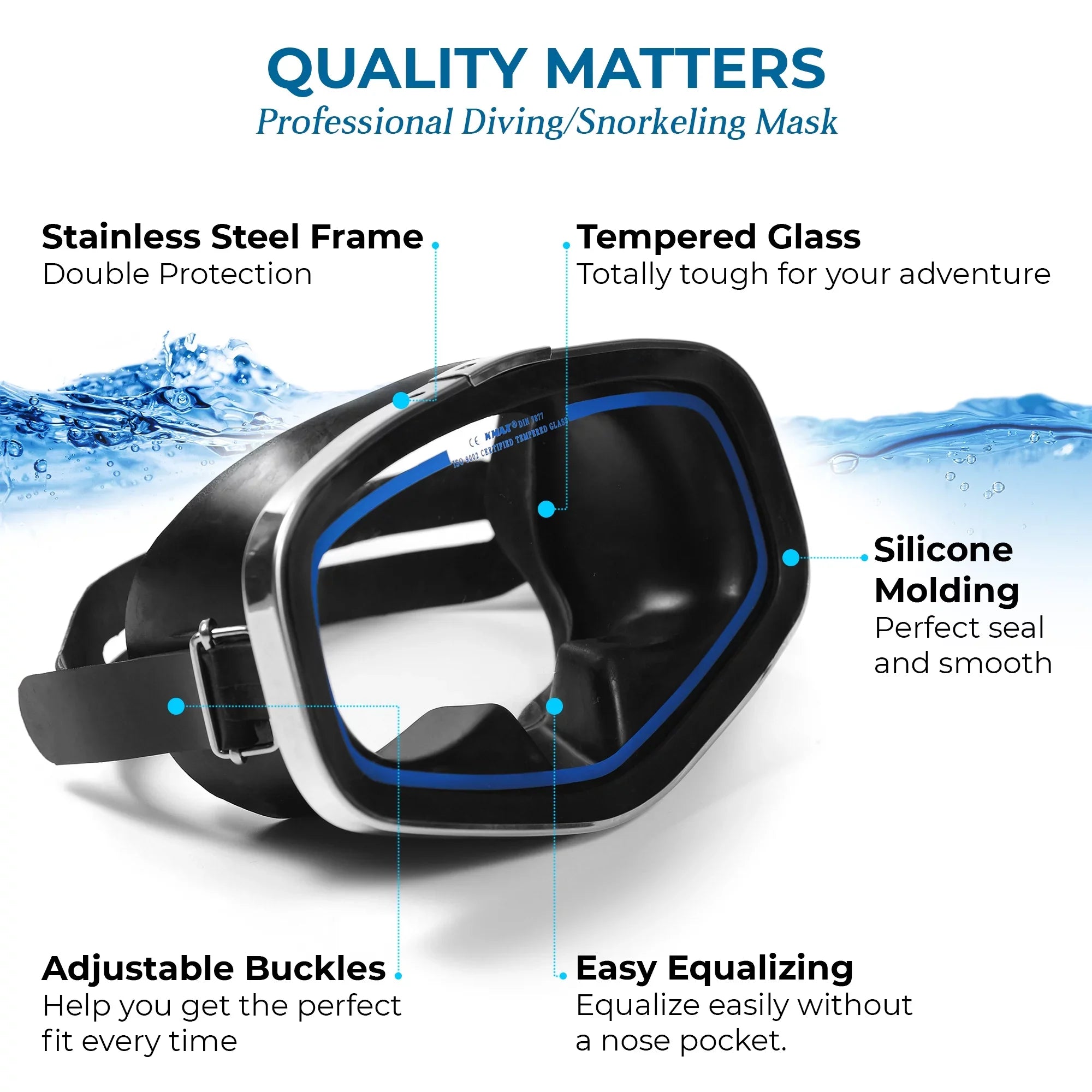Hanway Adva Snorkel Mask – Tempered Glass Diving Goggles - Scuba Mask for Professional Diving and Snorkeling – Adjustable Clasp Silicone Molding Swimming Mask-Blue