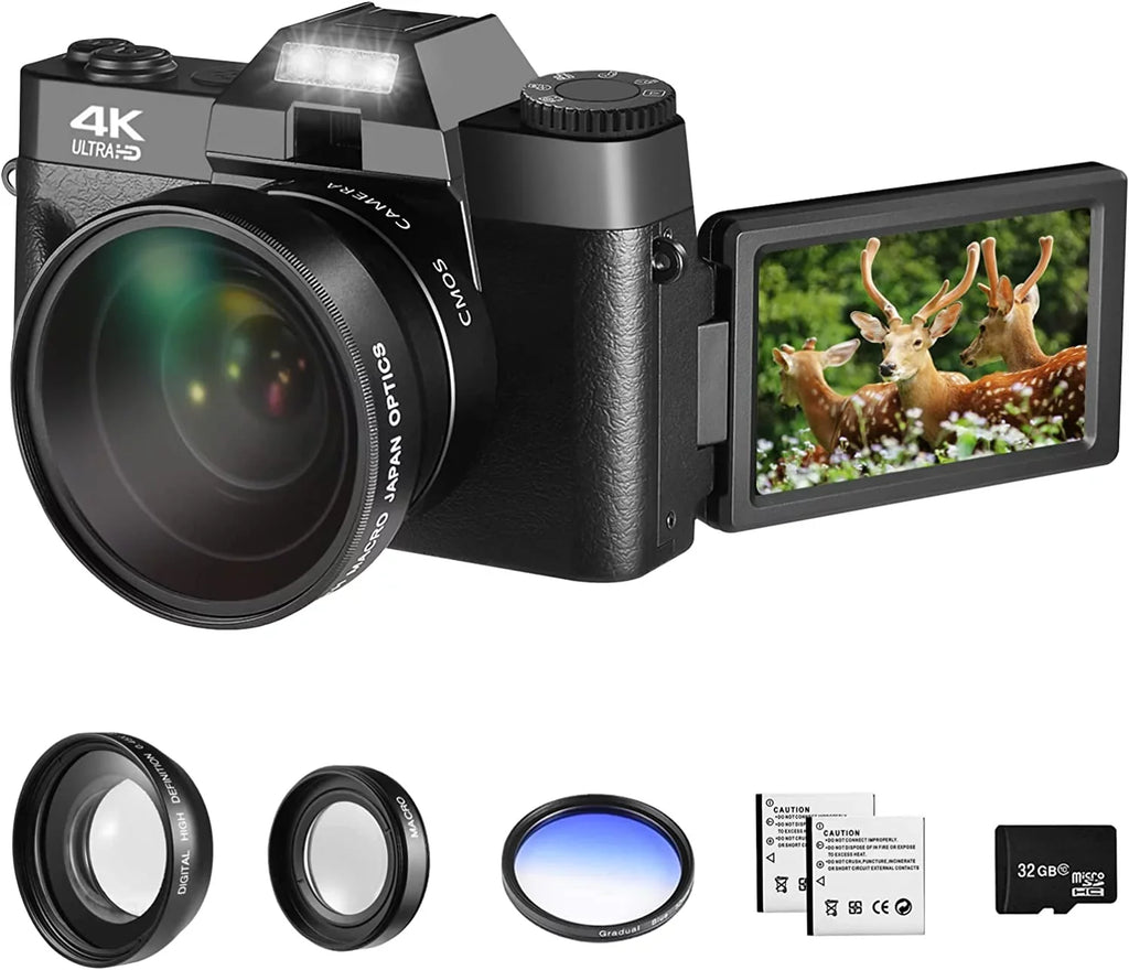 48MP Digital Camera for Photography,4K Vlogging Camera,Digital Camera for Kids and Adults with 180° Flip Screen,Wide-Angle Lens,Macro Lens,32 GB Micro Card,2 Batteries(Black)