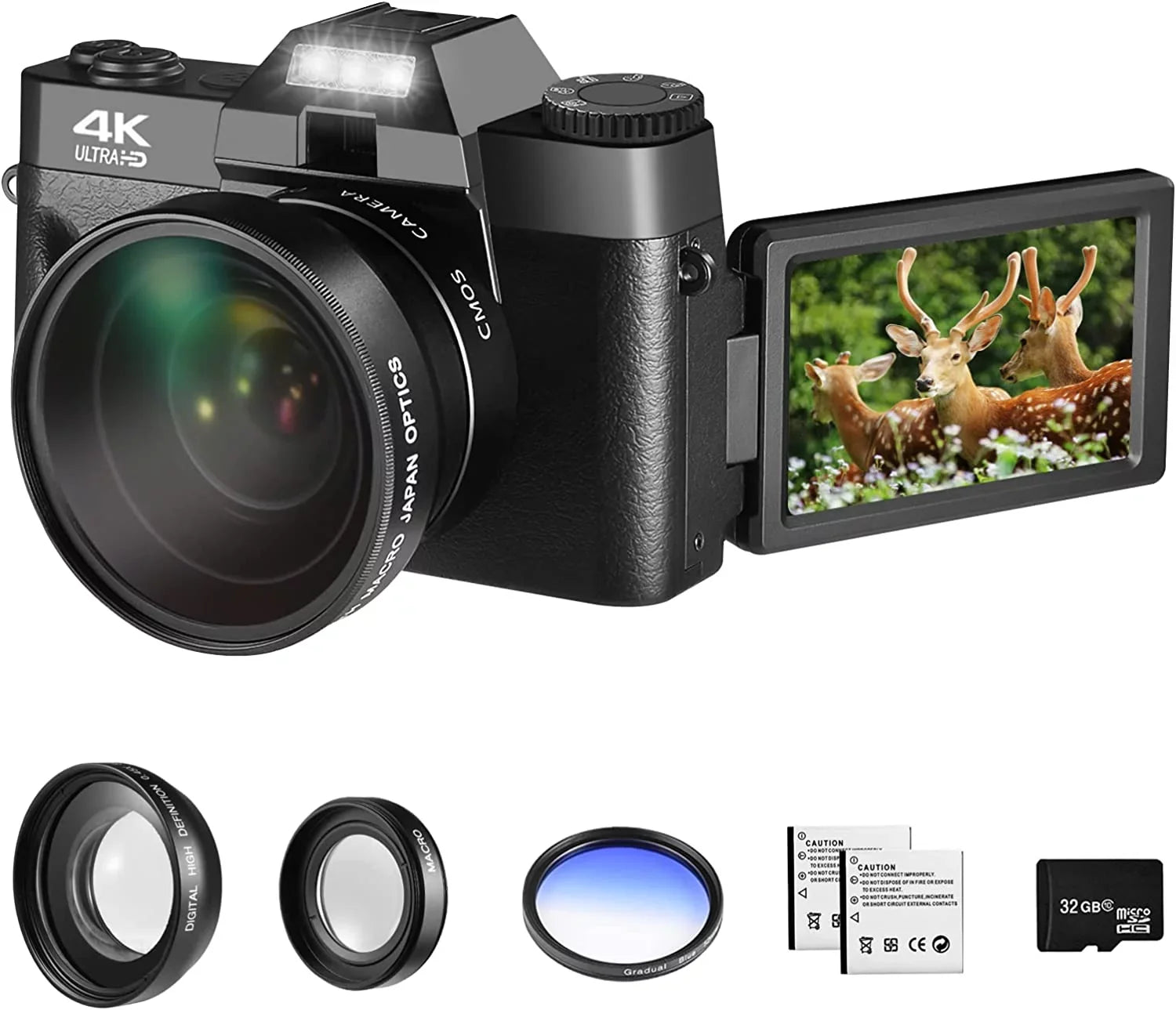 48MP Digital Camera for Photography,4K Vlogging Camera,Digital Camera for Kids and Adults with 180° Flip Screen,Wide-Angle Lens,Macro Lens,32 GB Micro Card,2 Batteries(Black)