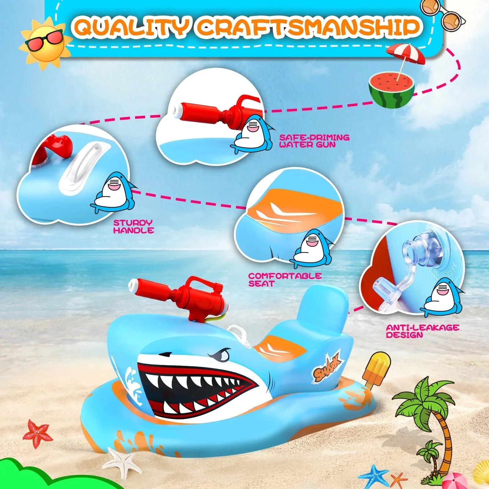 Pool Floats for Kids,Shark Ride-on Pool Toys with Waterpistol for Kid Pool Game Boys Girls Age 3-12