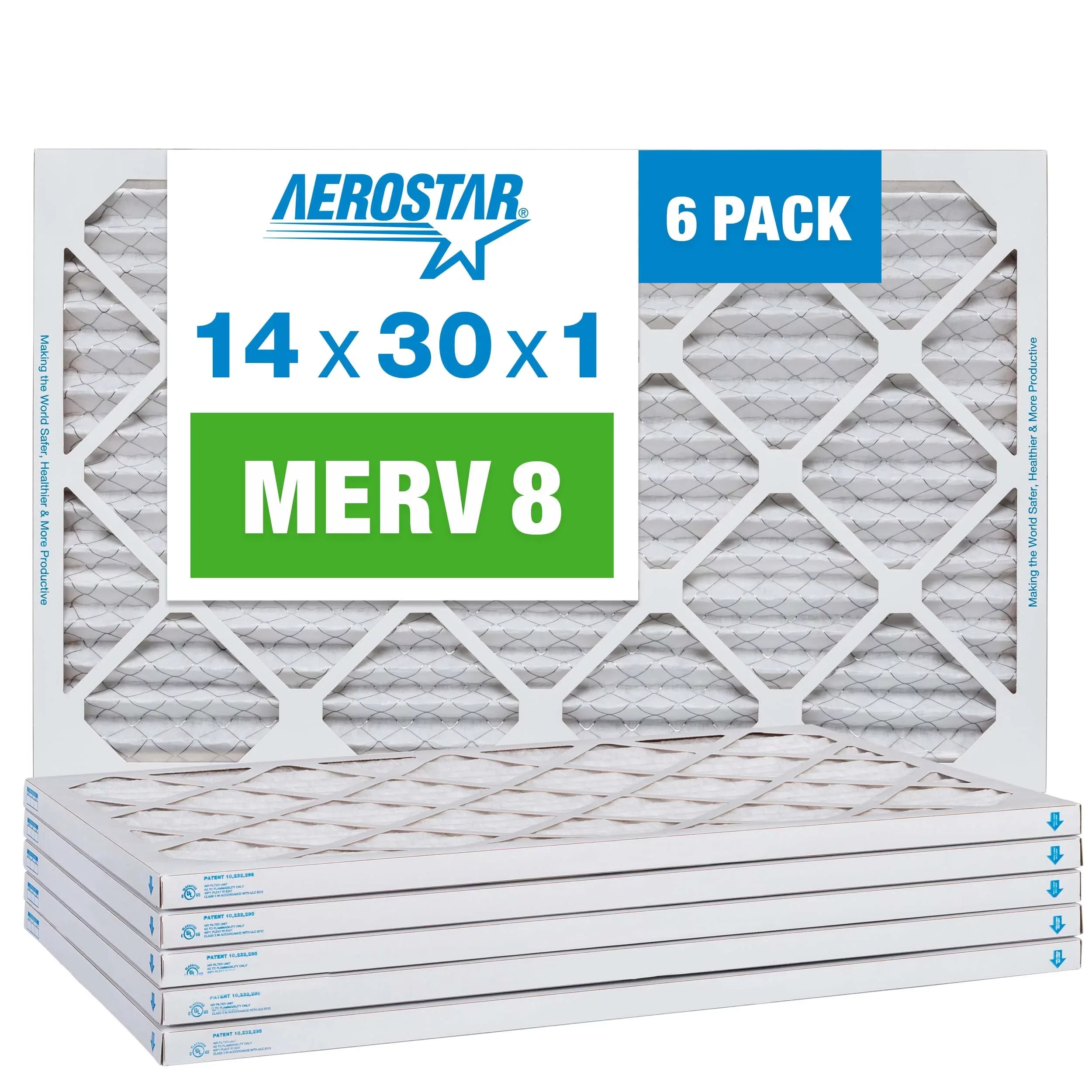 Aerostar 14x30x1 MERV 8 Pleated Air Filter, AC Furnace Air Filter, 6 Pack