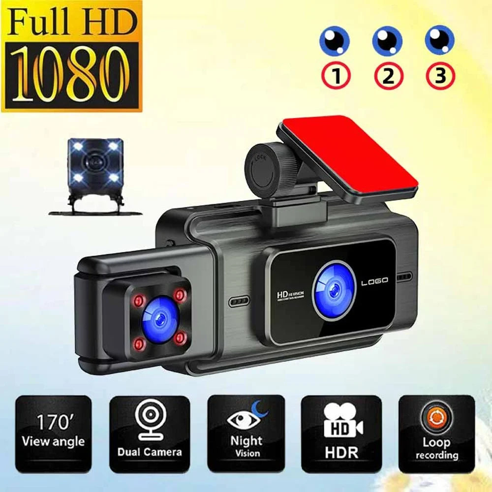 3 Channel Dash Cam Front and Rear Inside, 1080p 3 Inches 170° Wide Angle Dashcam, Dash Camera for Cars with 128GB Card, Super Night Vision, G-Sensor, Motion Detection