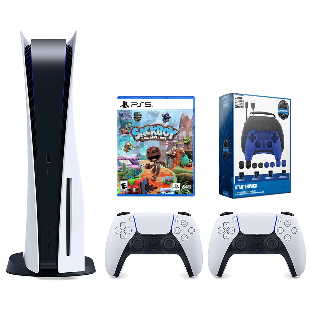 Sony Playstation 5 Disc Version Console with Extra White Controller, Surge Pro Gamer Starter Pack 11-Piece Accessory Kit and Sackboy: A Big Adventure Bundle