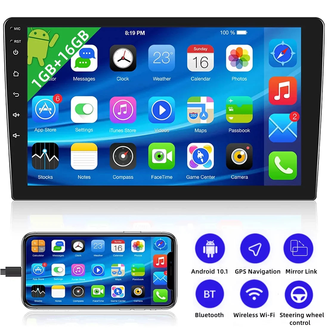 Double Din Car Stereo Radio 10'' Touch Screen Carplay Universal Car Multimedia Player with Bluetooth FM Radio Receiver Mirror Link（1+16G）