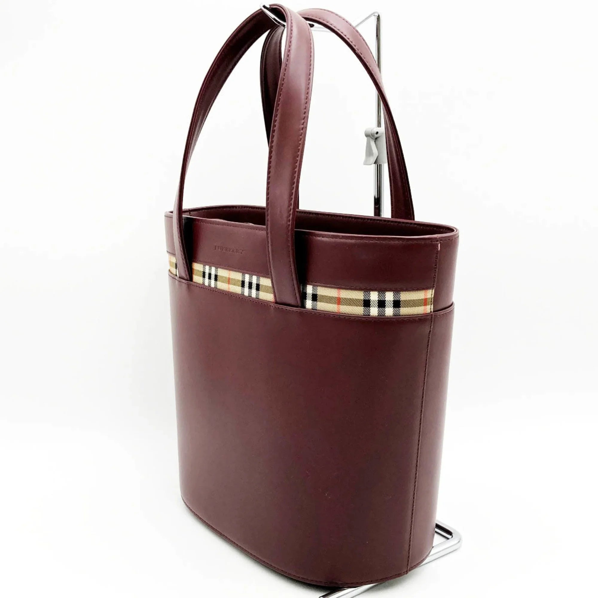 Pre-Owned BURBERRY Burberry Handbag Tote Bag Formal Nova Check Bordeaux Red Leather Ladies Fashion USED (Good)