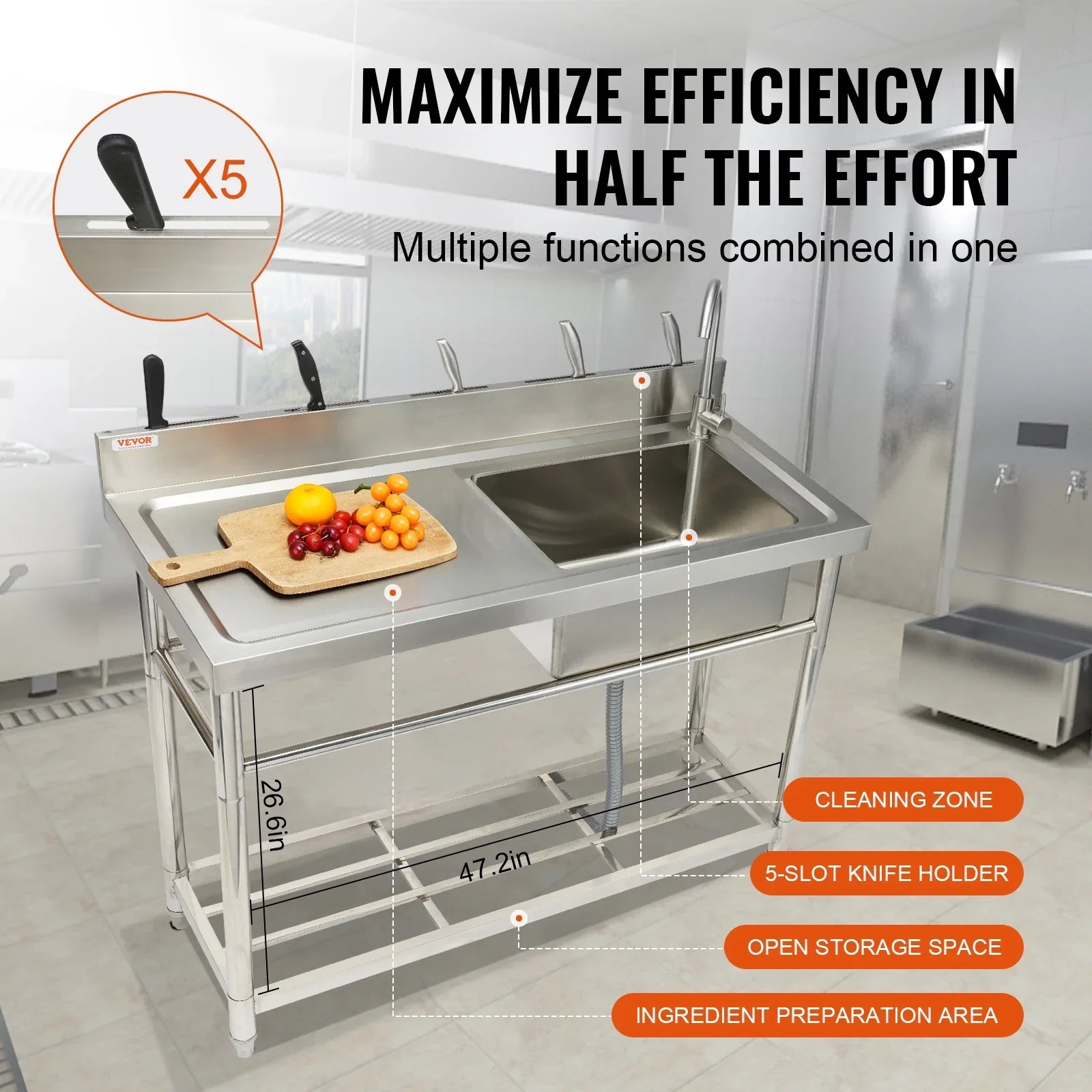BENTISM Commercial Utility & Prep Sink Single Bowl w/Workbench 47.2x19.7x37.4 in