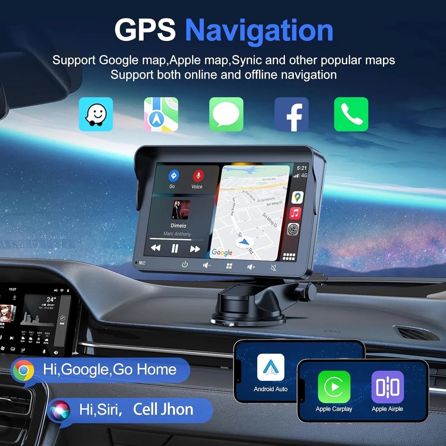 7" HD Double Din Car Stereo, Portable Wireless Apple Carplay & Android Auto with Backup Camera, IPS Touch Screen Stereo with Bluetooth, Multimedia Player, Car Audio with Mirror Link/AUX/FM
