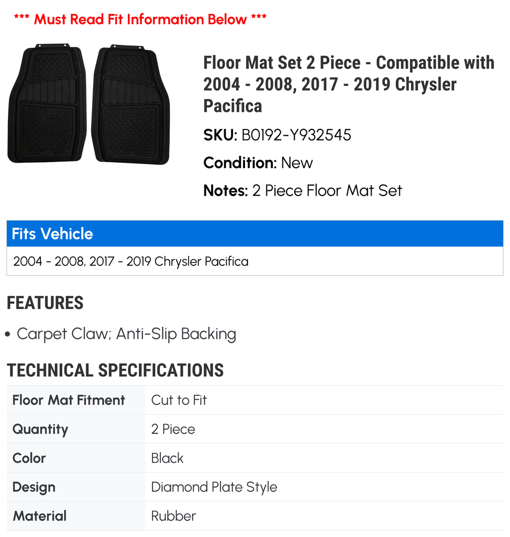 Floor Mat Set 2 Piece - Suitable with 2004 - 2008, 2017 - 2019 Chrysler Pacifica 2005 2006 2007 2018