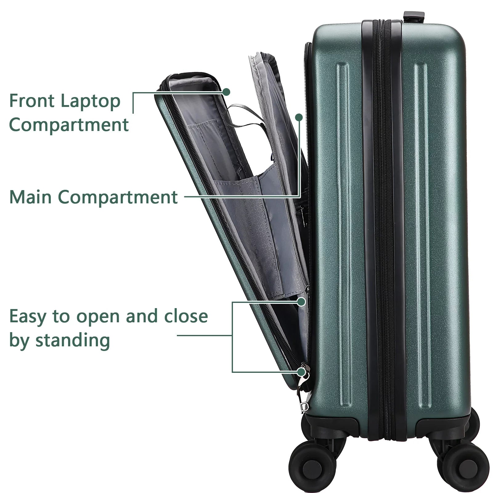 2 Piece 20/24 Luggage Set, Only 20 with Front Laptop Pocket & Expandle, Lightweight ABS+PC Hardshell Suitcase with TSA Lock & Spinner Wheels, 20 Inch 37~41L + 24 Inch 65L, Dark Green