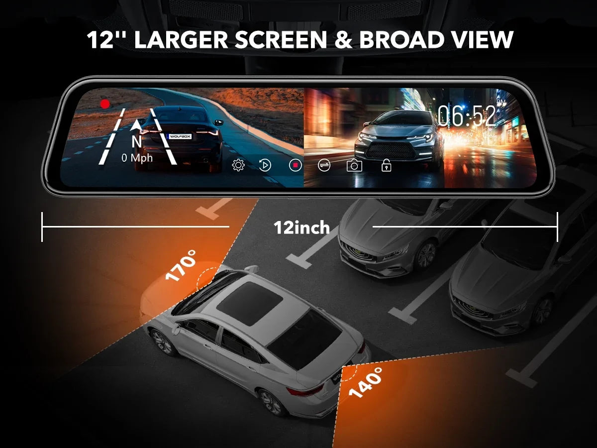 WOLFBOX Rear View Mirror Dash Camera, 12" 4K Mirror Dash Cam, Backup Camera with Full Touch Screen, Parking Monitor, Free 32GB Card & GPS