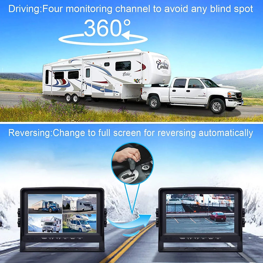 eRapta Backup Camera 9 inch for RV Semi Box Truck Trailer Rear and Side View Quad 1080P HD Camera 4 Split Screens Record Function IP69 Waterproof Night Vision