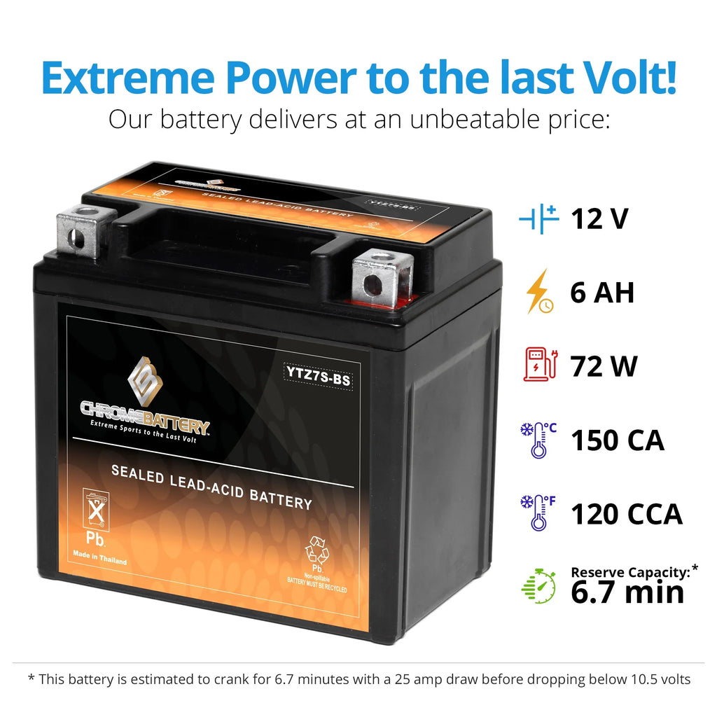 Chrome Battery YTZ7S-BS (YTZ7S 12 Volt,6 Ah, 90 CCA) Motorcycle Battery for Gas Gas Fsr450 450cc Year (all Years Until 08)