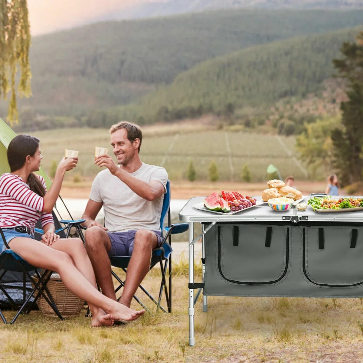 Grey Folding Camping Table with Height Adjustable Aluminum Frame and Storage Organizer