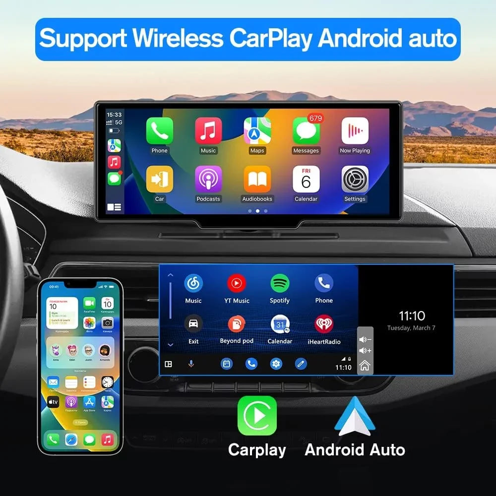 Awesafe 10.25 Inch IPS Touch Screen Wireless Apple Carplay Android Auto Bluetooth Unit Portable Car Radio Stereo with 1080p Backup Camera DVR GPS Navigator AirPlay AUX/FM Googel Siri