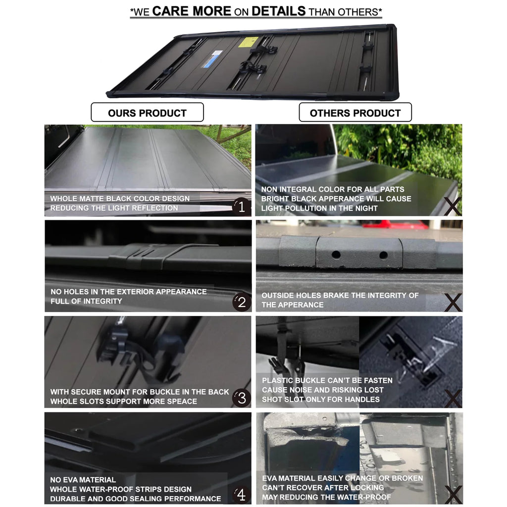 Mamoru Hard FRP Quad-Fold Solid Tonneau Wrap Fitting with 2016 2017 2018 2019 2020 2021 2022 2023 Tacoma 6' / 73.7" Truck Bed Shield | Fit for Deck Rail System