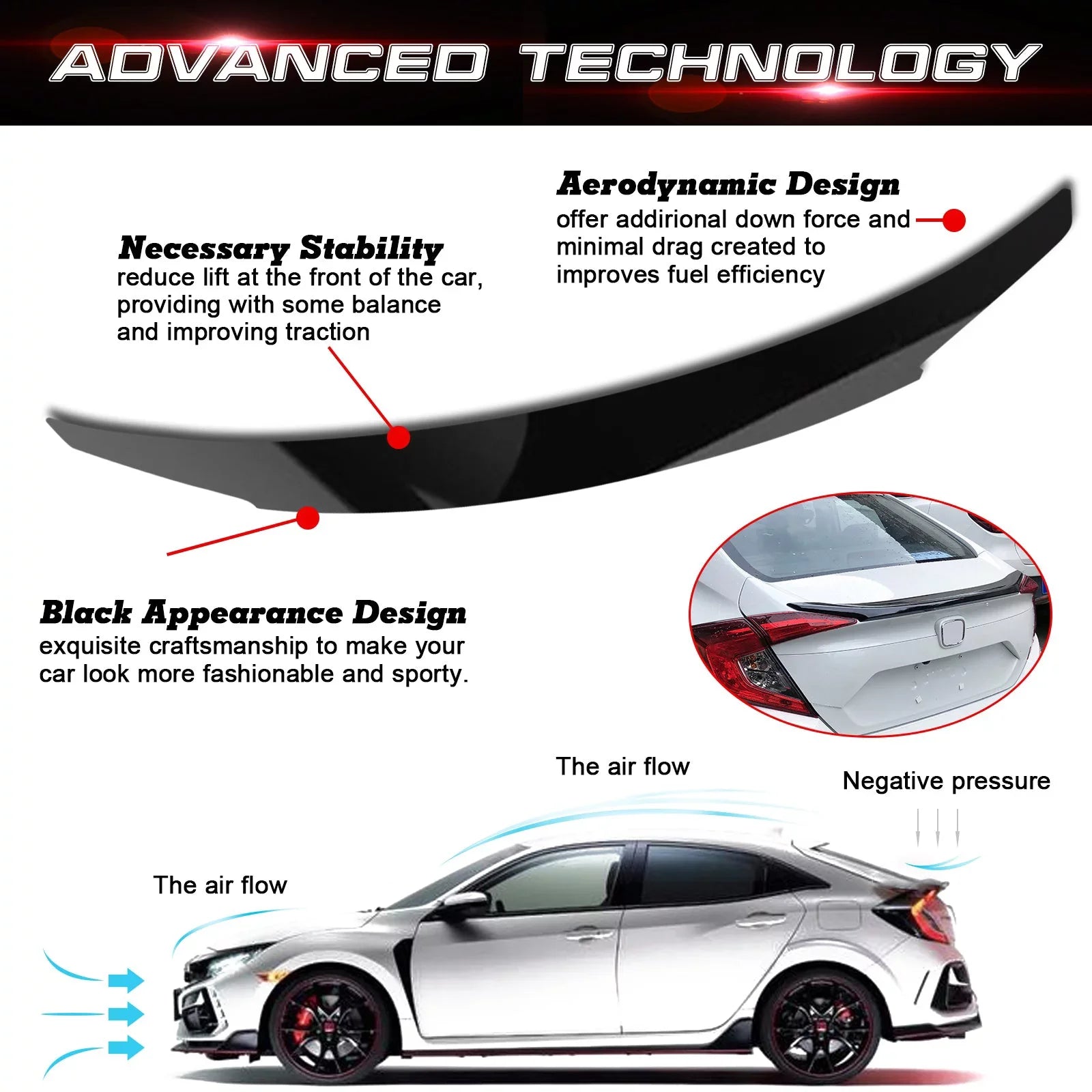 Xotic Tech 4DR JDM Style Glossy Black Rear Trunk Lip Wing Spoiler Fitting with Honda Civic 2016-2021 10th Gen