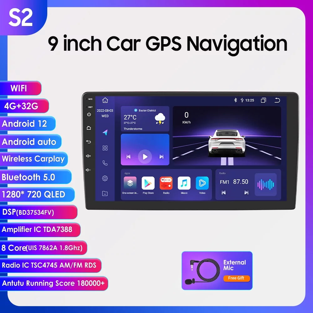 2S Series 9" 4+32GB Touchscreen Android 12 Octa QLED 1280*720 Car Gps Navigation Stereo Carplay