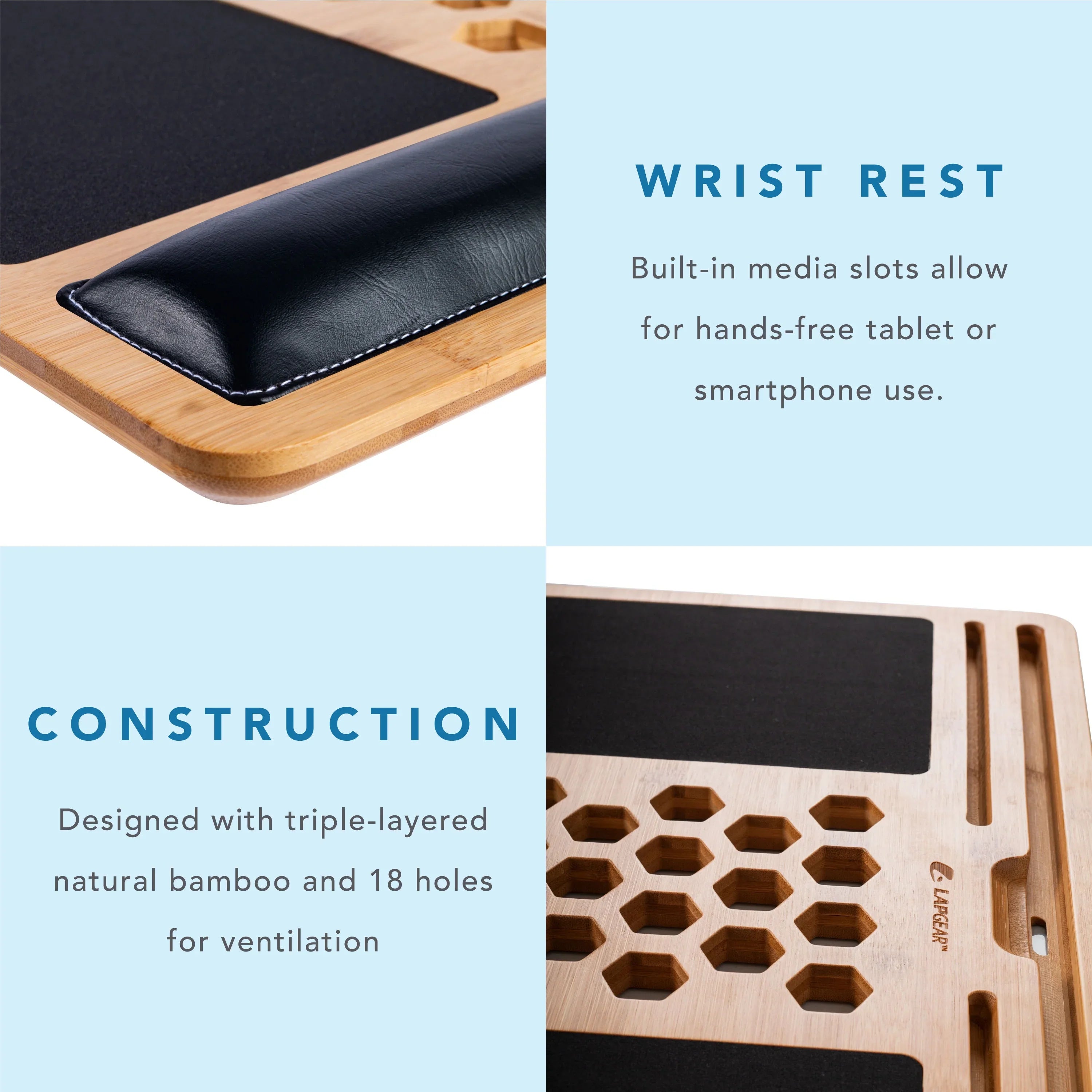 LapGear Bamboo Pro Lap Board, Natural, Fits up to 17.3-in Laptop