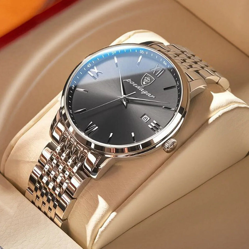 POEDAGAR New Men Ultra-Thin Watches Fashion Week Calender Business Cool Waterproof Luxury Stainless Steel Quartz Wristwatch