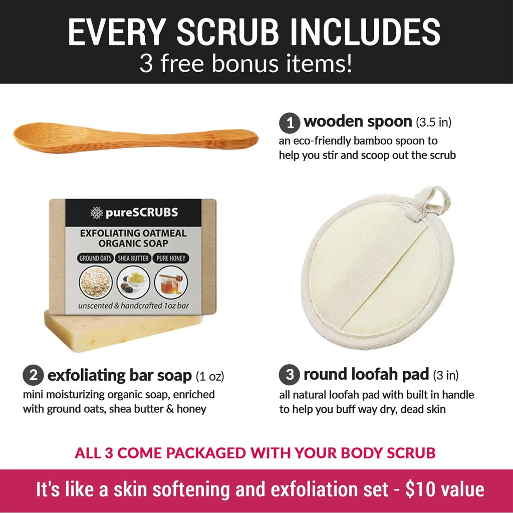pureSCRUBS Premium Pink Himalayan Salt Body Scrub Set- Large 16oz CUCUMBER BODY SCRUB - Infused With Organic Essential Oils & Nutrients + FREE Wooden Spoon, Loofah & Mini Exfoliating Bar Soap